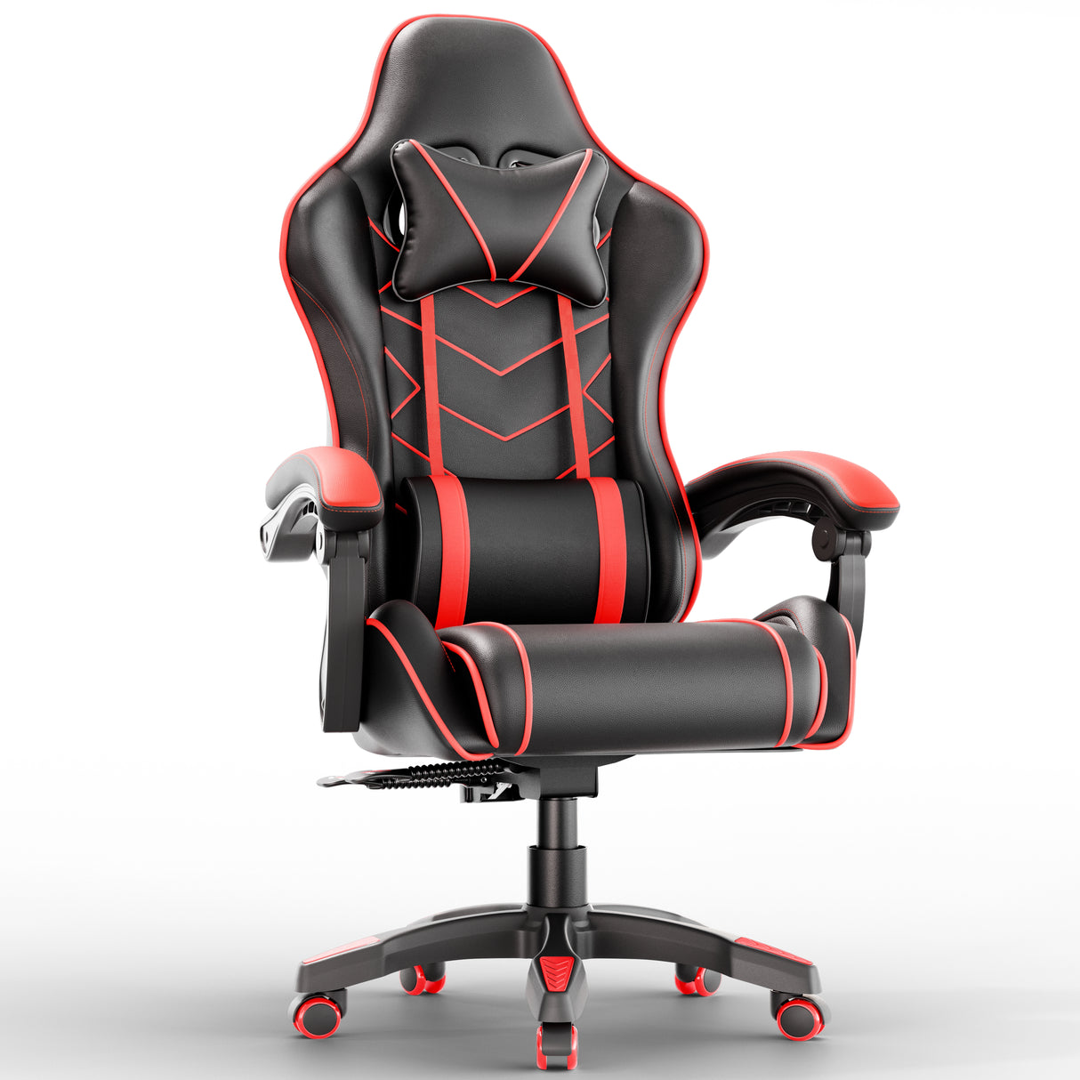 Ergonomic gaming chair with lumbar support and padded armrest in black and red design. Ideal for long gaming or office sessions with adjustable comfort.