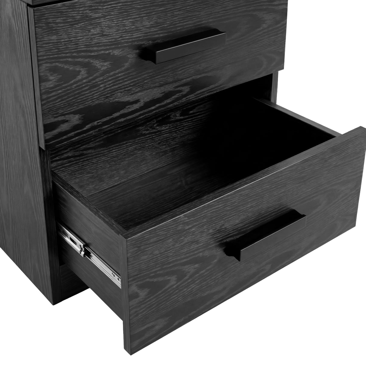 Close view of black bedside table drawer partially open, highlighting grain texture with wooden black handles