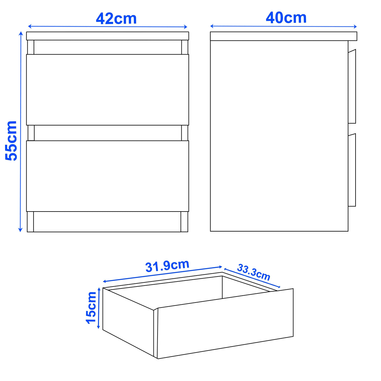 Dimensions of a bedside table and shelf on a white background