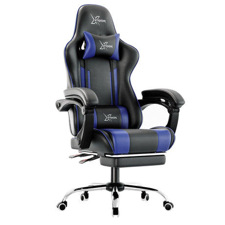 Xstriker office Chair With Footrest in black and blue, featuring ergonomic design, lumbar support, and adjustable armrests for home or office setups. Ideal for gamers and professionals seeking comfort and style in a PC desk chair.