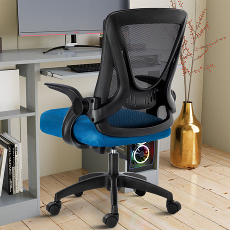 Black and blue comfortable desk chair with breathable mesh backrest, offering comfort during long work sessions.