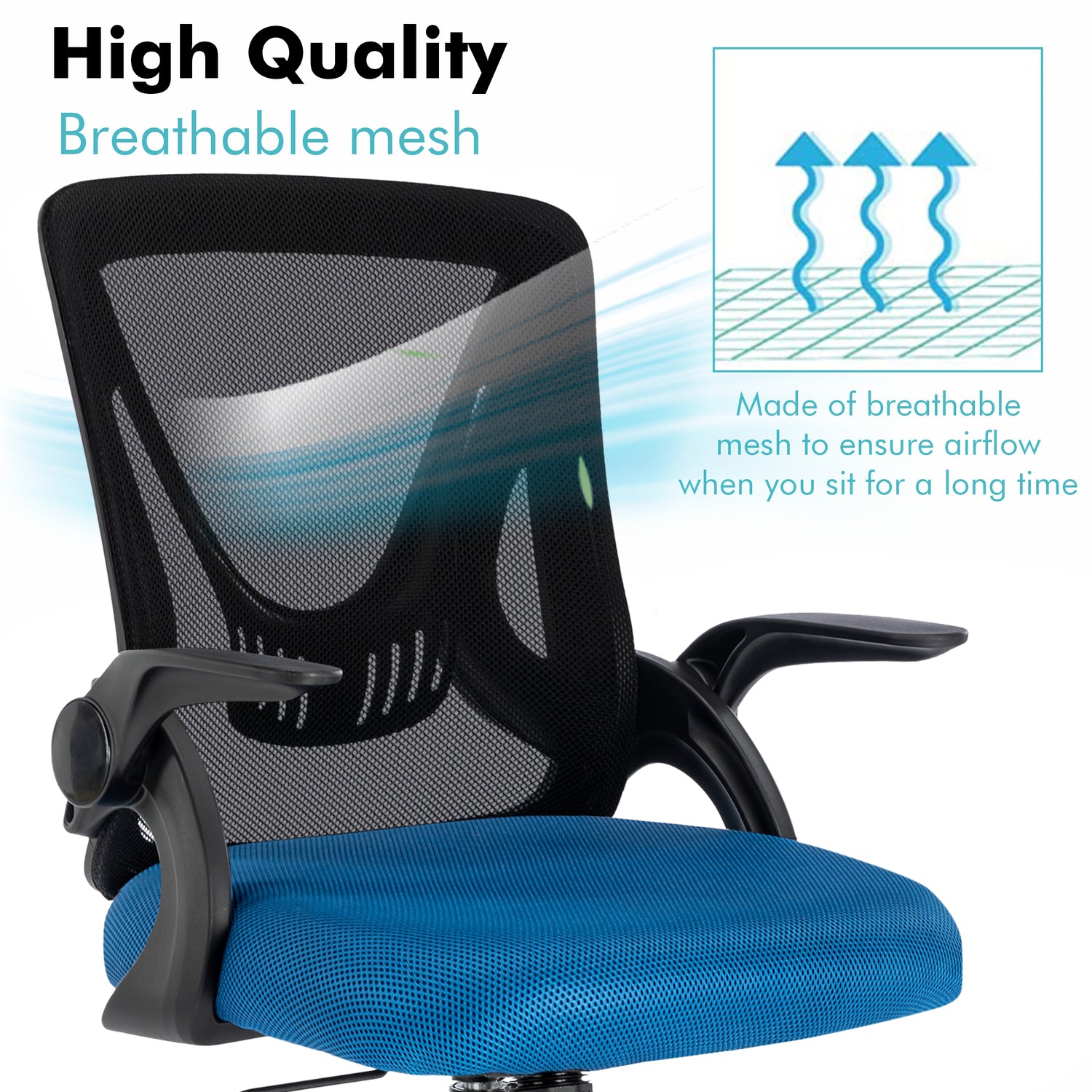 Black and blue swivel desk chair with breathable mesh backrest, providing comfort during extended work hours.