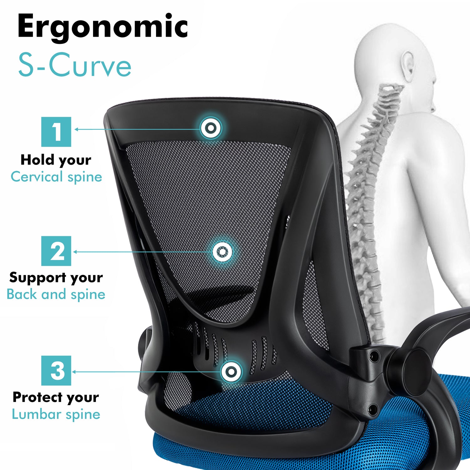 Black and blue office chair with ergonomic mesh backrest, promoting healthy posture for long working hours.