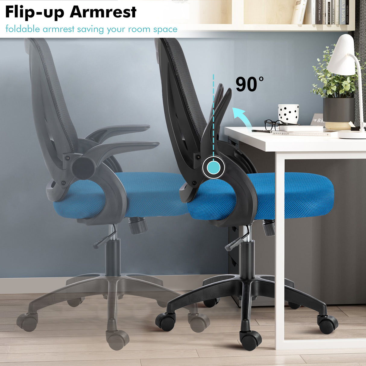 Black and blue computer chair with flip-up armrests, designed to save space while providing comfort.