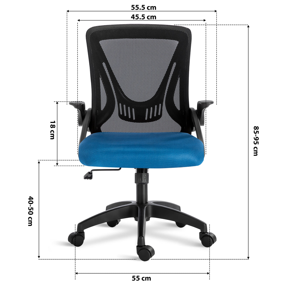 black and blue comfortable chair dimension: 45.5cm seat width, 55cm wheelbase, adjustable 85–95cm height & mesh backrest.