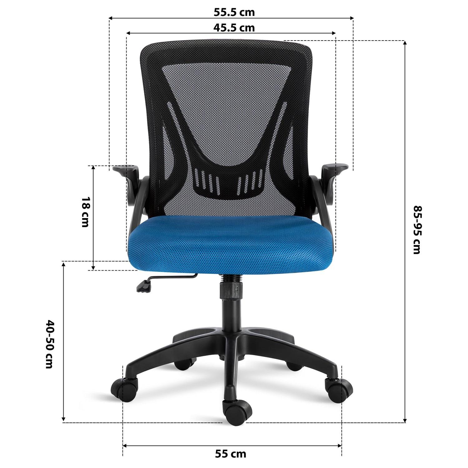 black and blue comfortable chair dimension: 45.5cm seat width, 55cm wheelbase, adjustable 85–95cm height & mesh backrest.