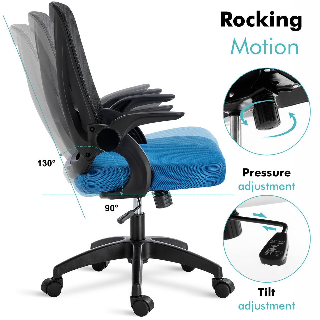 Black and blue comfortable desk chair with adjustable height and tilt lock for ultimate comfort while working.