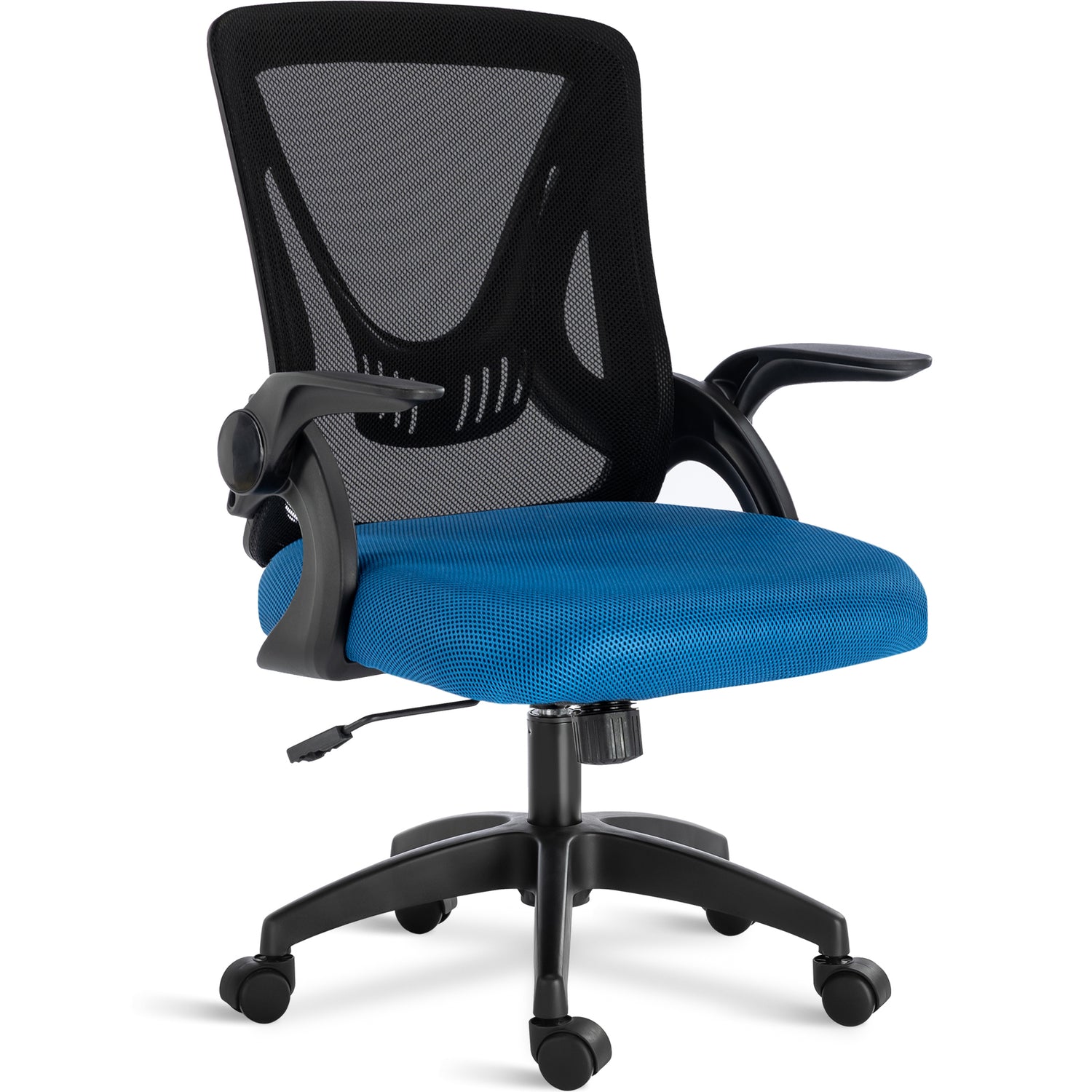 Black and blue swivel desk chair with breathable mesh backrest and adjustable height for ergonomic comfort.
