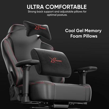 Gaming chair with cool gel memory foam pillows on a black background