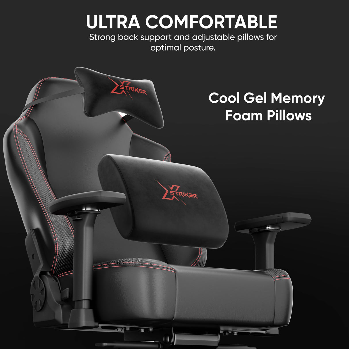 Gaming chair with cool gel memory foam pillows on a black background