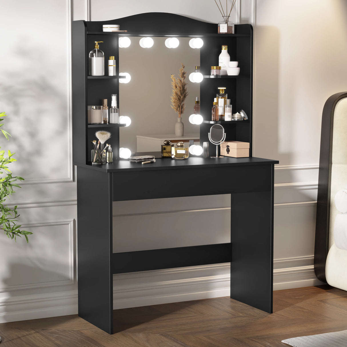 Black dressing table with mirror and LED lights placed against a wall in a stylish modern bedroom