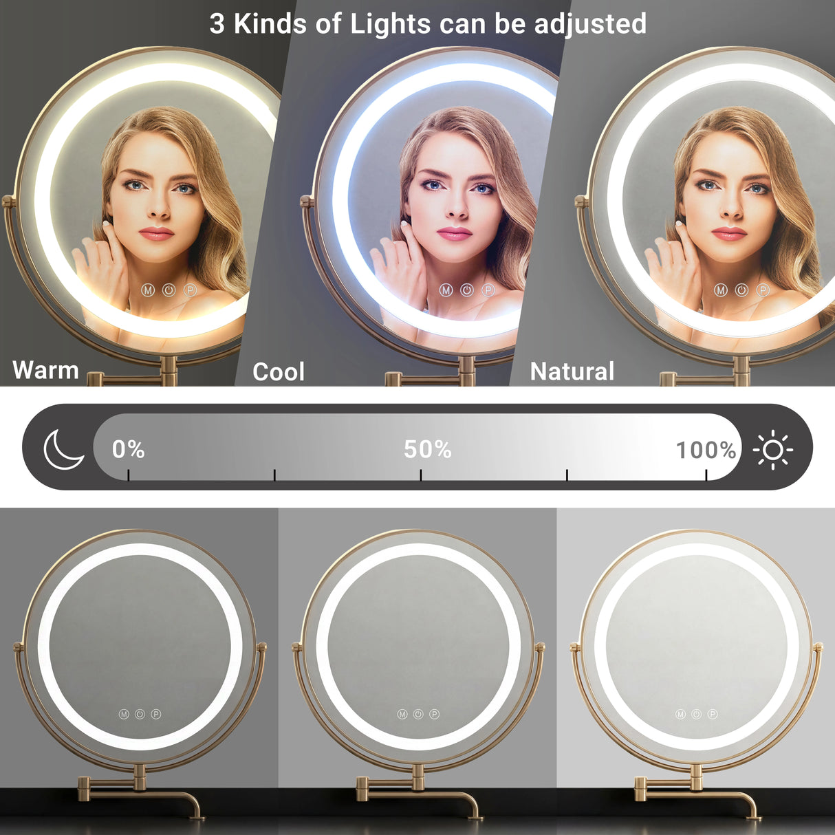 Close-up of a black dressing table with a round mirror, three different light modes, and brightness colour adjustments