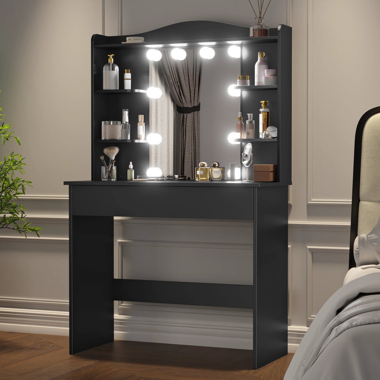 Black dressing table with mirror and LED lights, featuring 5 shelves and 1 large drawer, ideal for bedroom vanity setups. DHS makeup vanity desk.