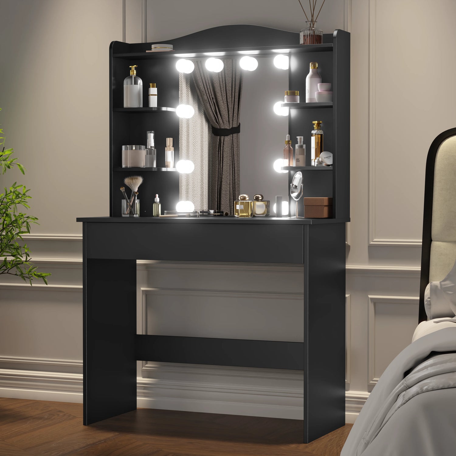 Black dressing table with mirror and LED lights, featuring 5 shelves and 1 large drawer, ideal for bedroom vanity setups. DHS makeup vanity desk.
