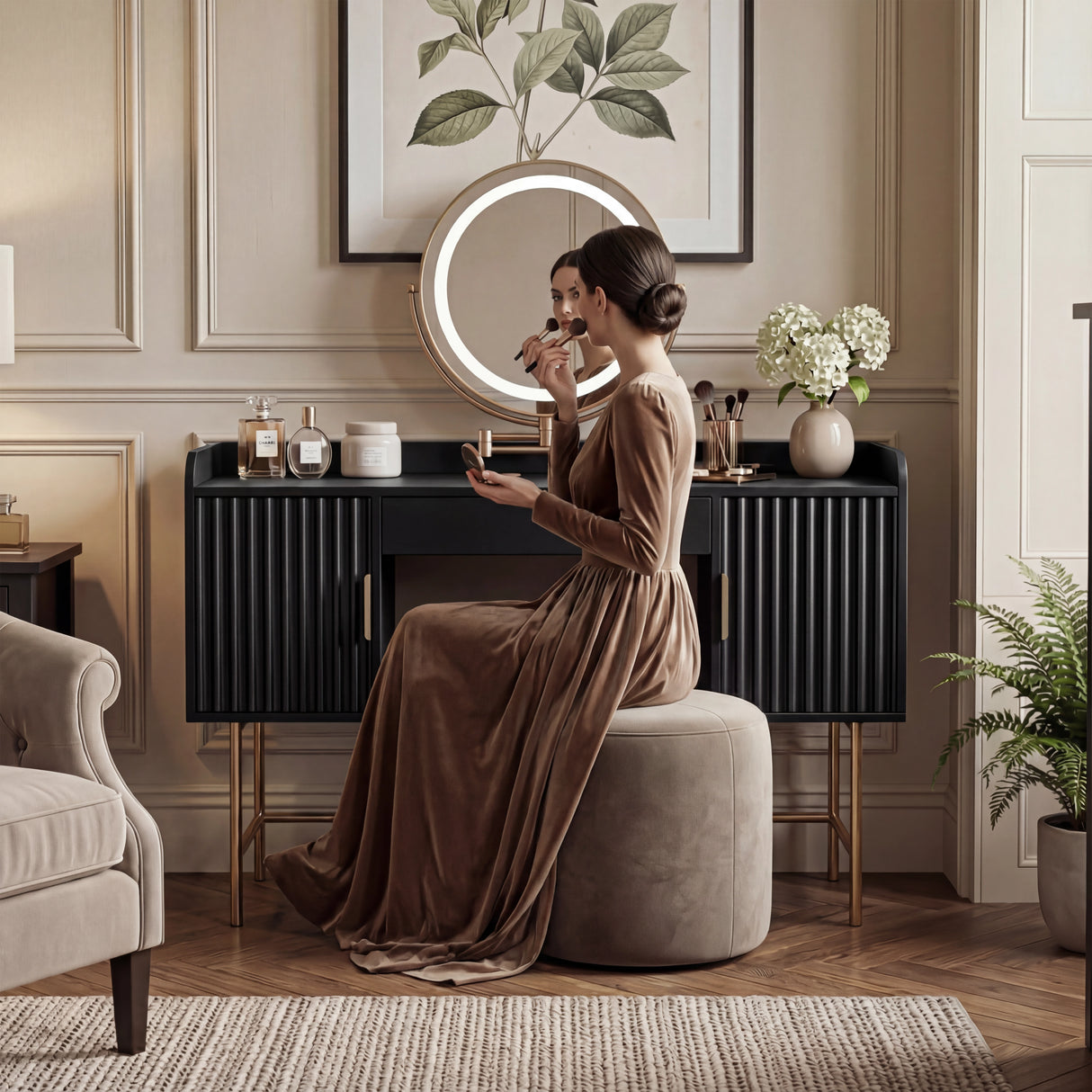 Modern black dressing table unit with circular illuminated mirror, gold legs, and functional drawer storage