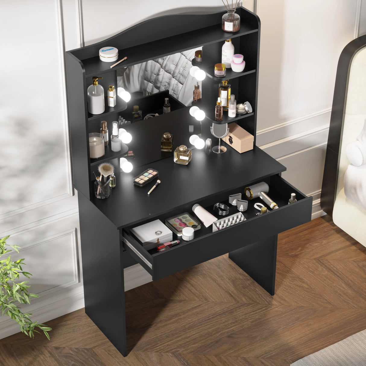 Black dressing table with mirror and LED lights, featuring 1 large drawer and 5 storage shelves, ideal for makeup and bedroom vanity setup.