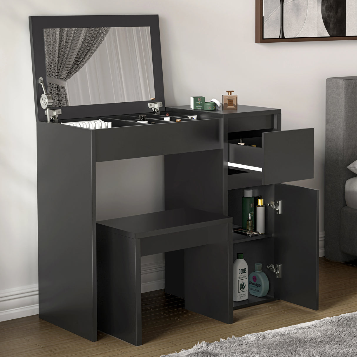 Modern black makeup dressing table with flip-up mirror, matching stool, and multiple storage sections including drawers and cabinets.