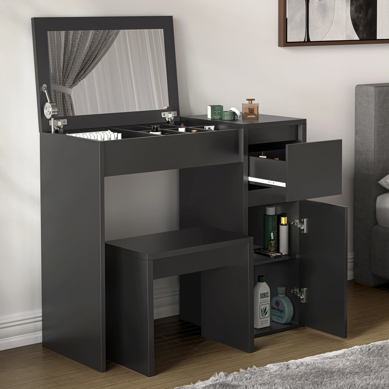 Modern black makeup dressing table with flip-up mirror, matching stool, and multiple storage sections including drawers and cabinets.