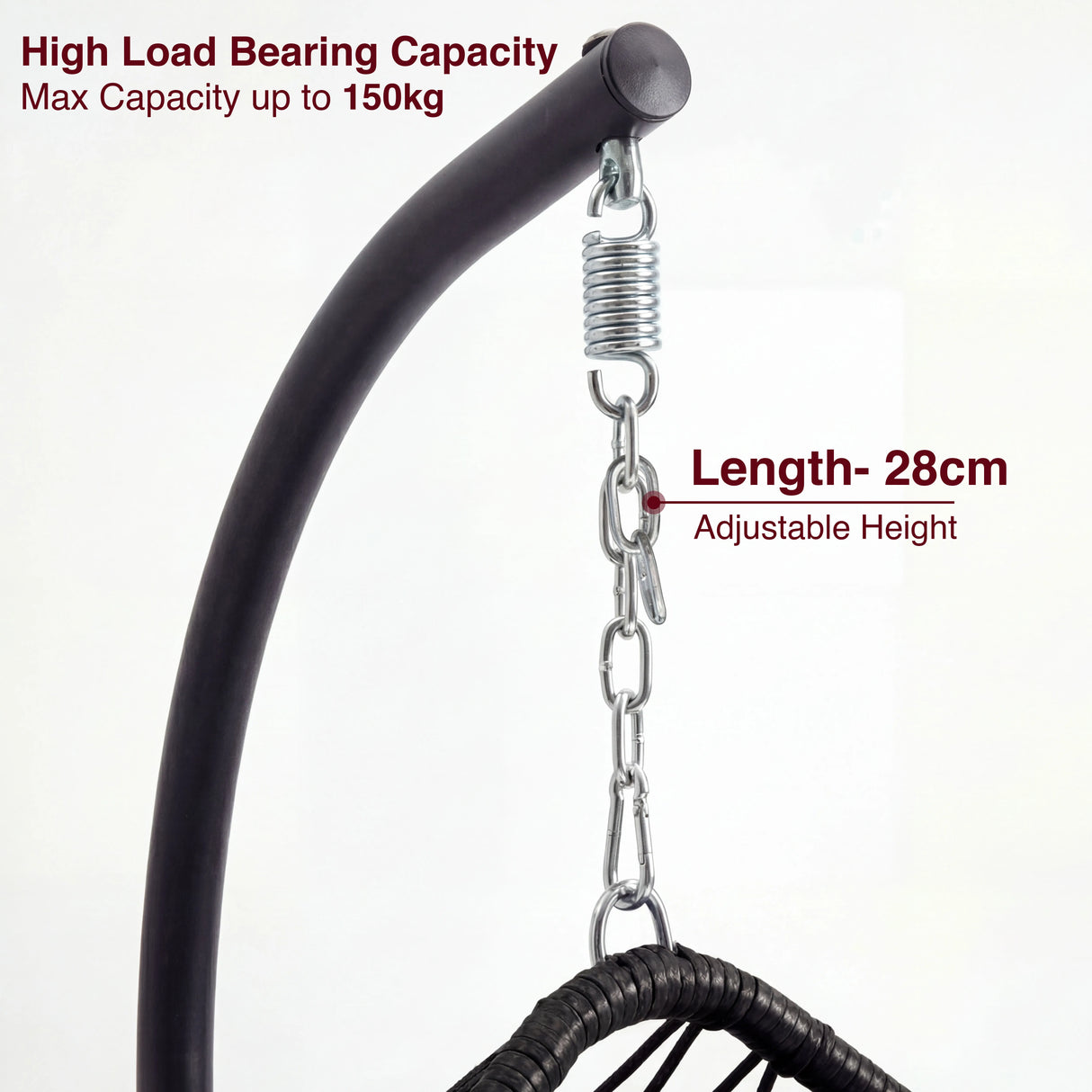 Foldable Hanging Egg Chair With Stand & Cushion featuring a durable metal stand and adjustable 28cm hanging chain with 150kg load capacity.