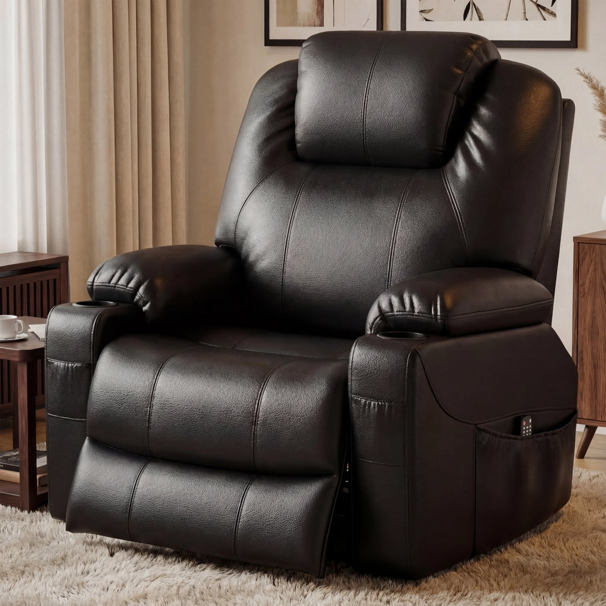 Electric Recliner Chair For Elderly in black leather with heat and massage functions, ideal for living rooms or bedrooms. Features side pocket and remote control.