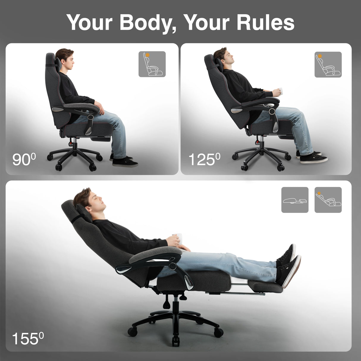 Ergonomic chair with adjustable angles shown on a gray background