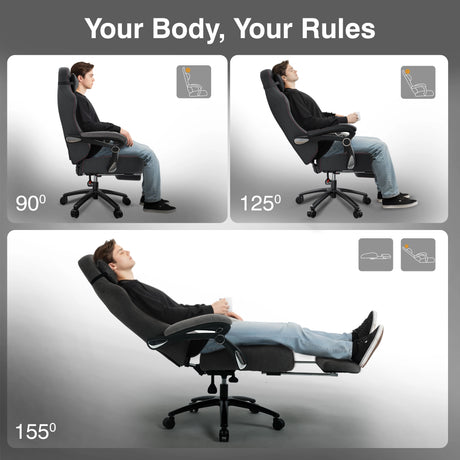 Ergonomic chair with adjustable angles shown on a gray background