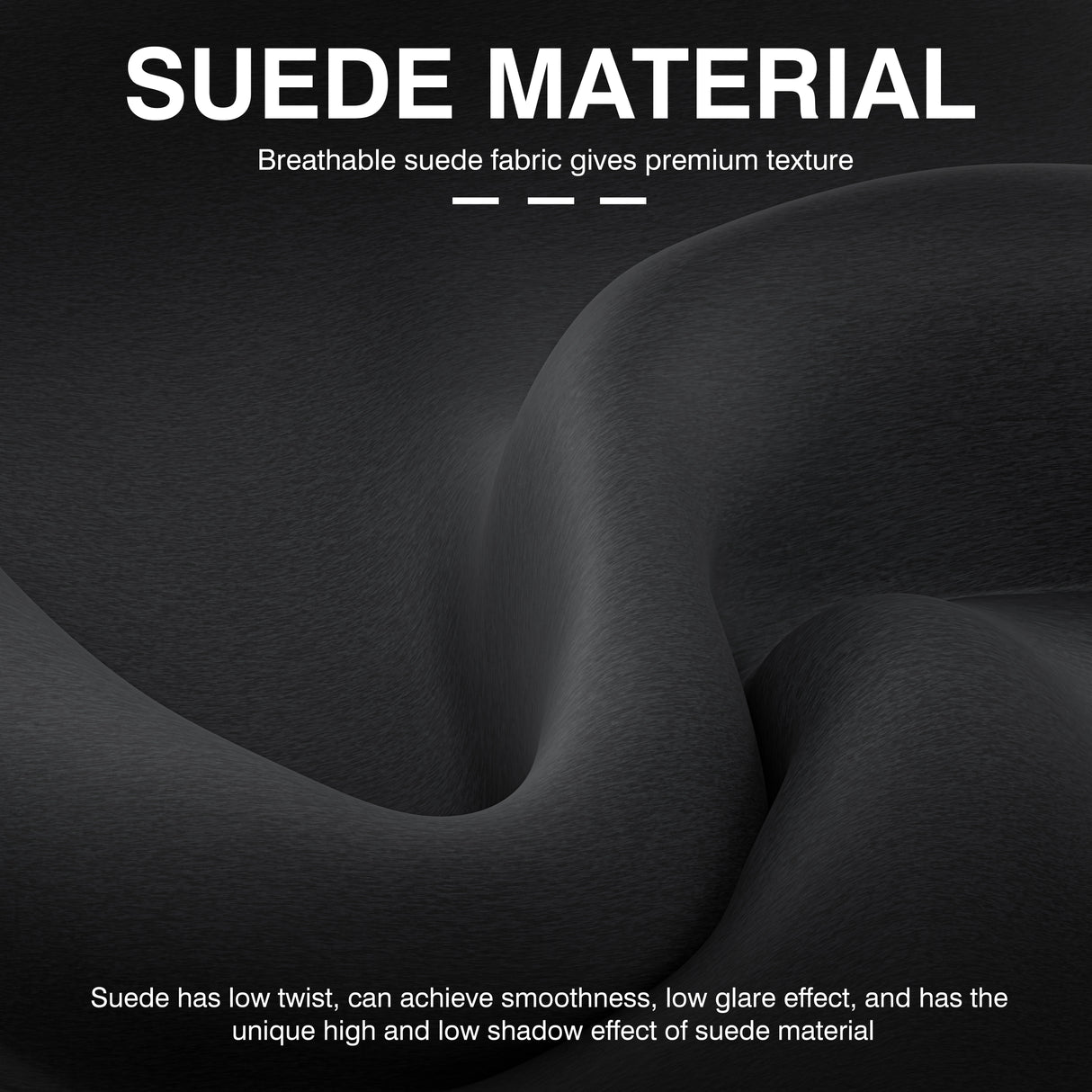 Suede material texture with descriptive text on a dark background