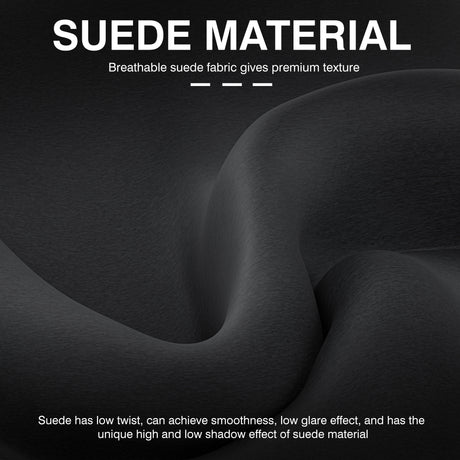 Suede material texture with descriptive text on a dark background