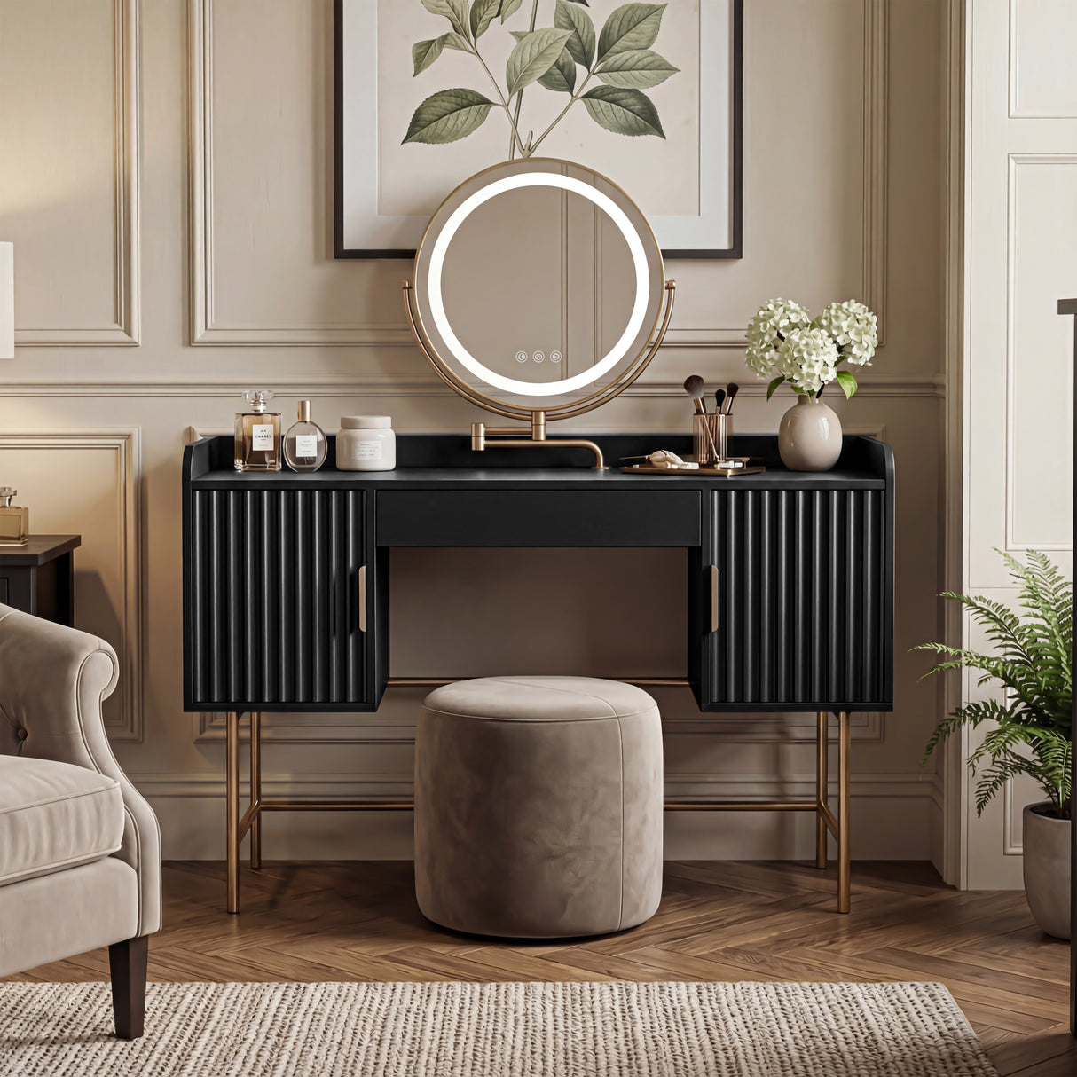 Black makeup vanity table with elegant flutrina design and gold legs, featuring a smooth circular mirror and stylish drawers