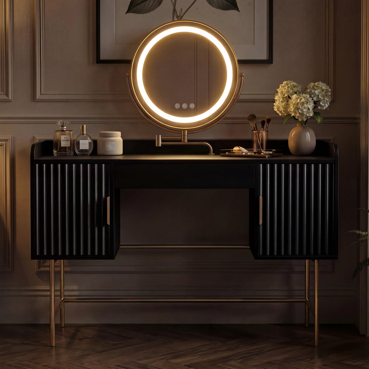 Black flutrina vanity table with LED lighting and gold legs, offering a sleek and modern look with a round mirror