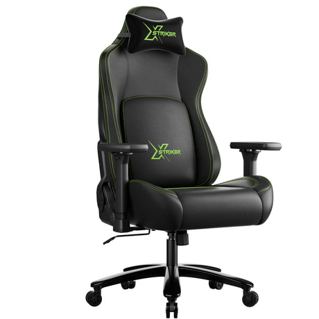 Black gaming chair with green accents and 'Striker' logo on a white background