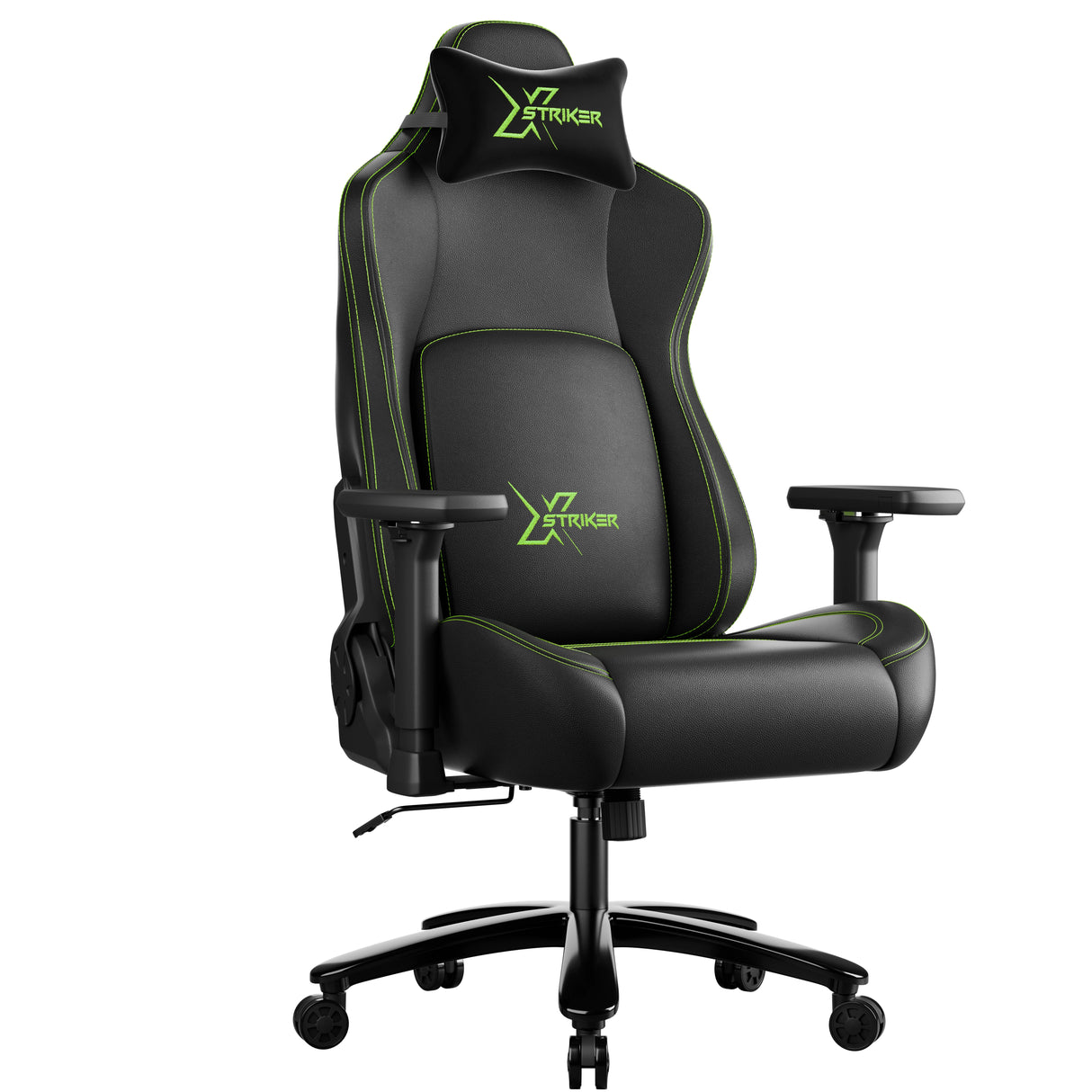 Black gaming chair with green accents and 'Striker' logo on a white background