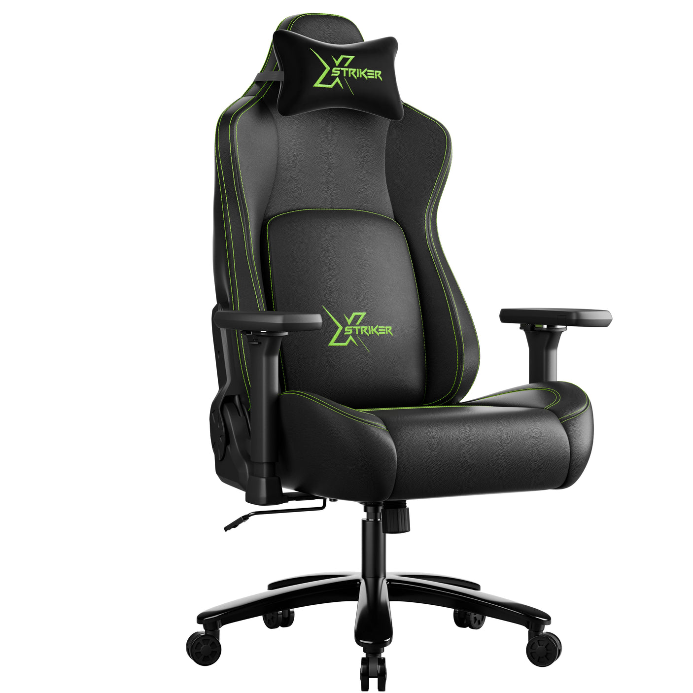 Black gaming chair with green accents and 'Striker' logo on a white background