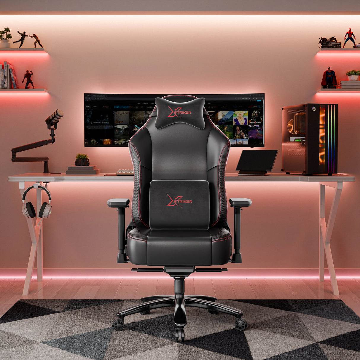 Xstriker Gaming Chair with thick cushioned seat and ergonomic design in a modern gaming setup. Ideal office gaming chair for PC gamers and home offices.