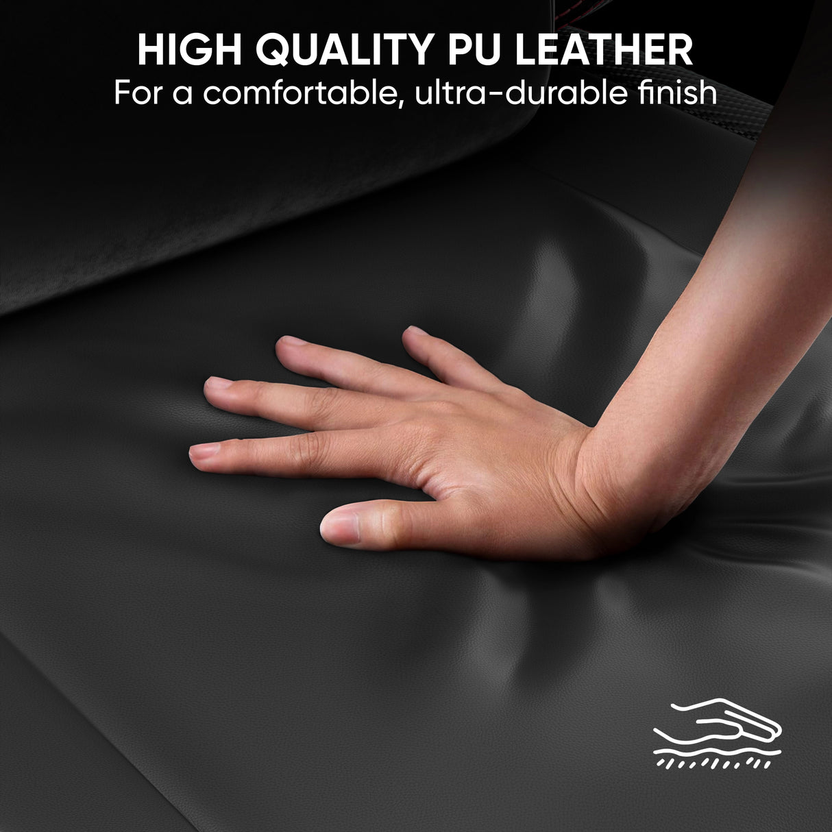 Close-up of hand pressing thick PU leather seat of Xstriker Office Gaming Chair with Wide Seat, showing its comfort and durability.