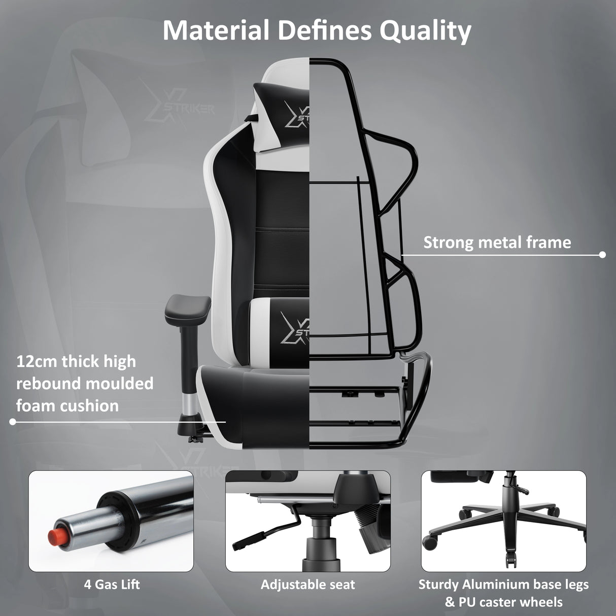 Gaming chair with features highlighted on a gray background