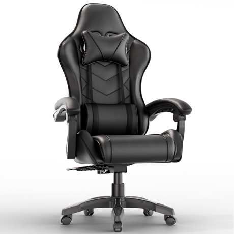 Gaming chair for adults with lumbar support and padded armrest in black leather finish, ideal for long gaming or office sessions. Features high backrest, headrest pillow.