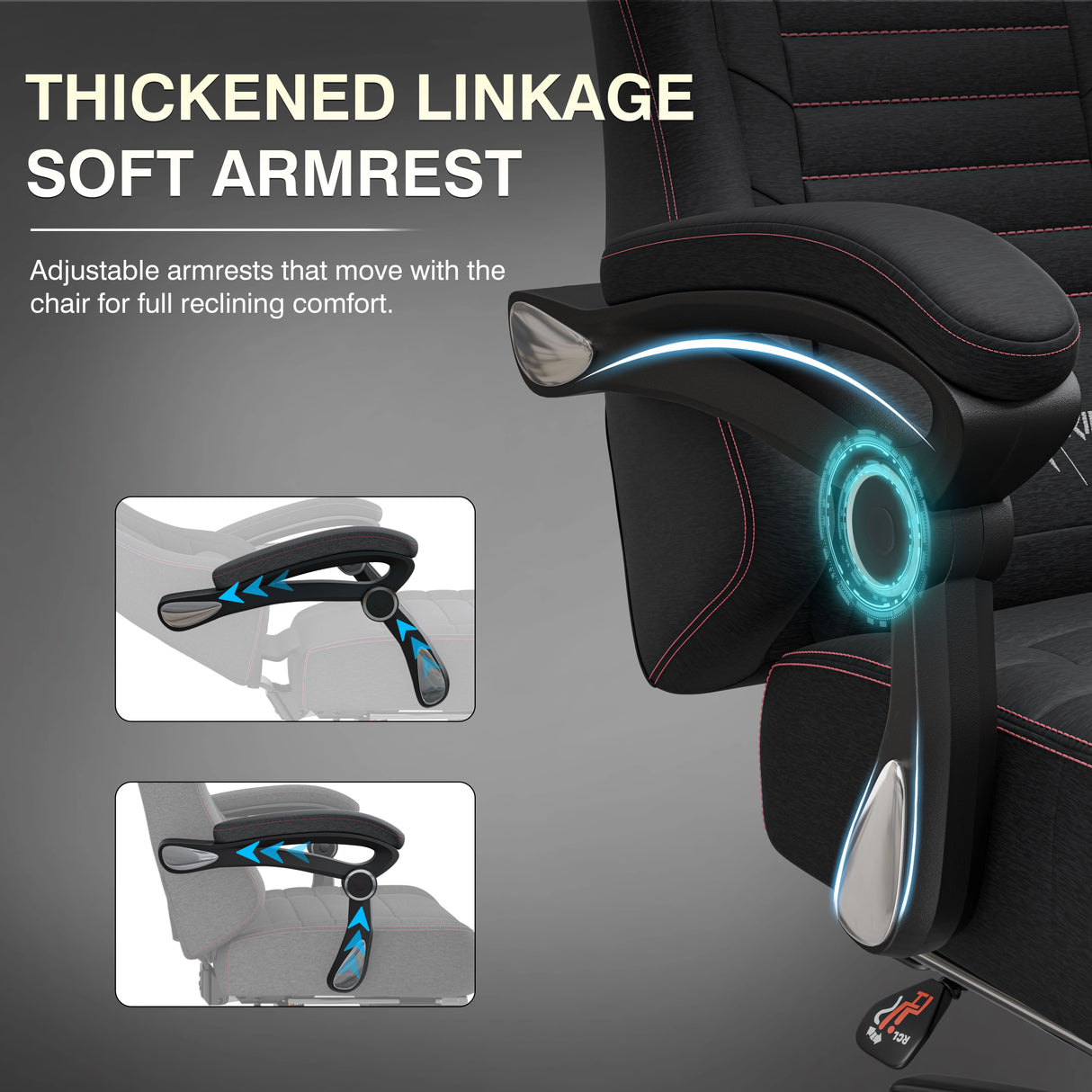 Gaming chair with thickened linkage soft armrests on a gray background