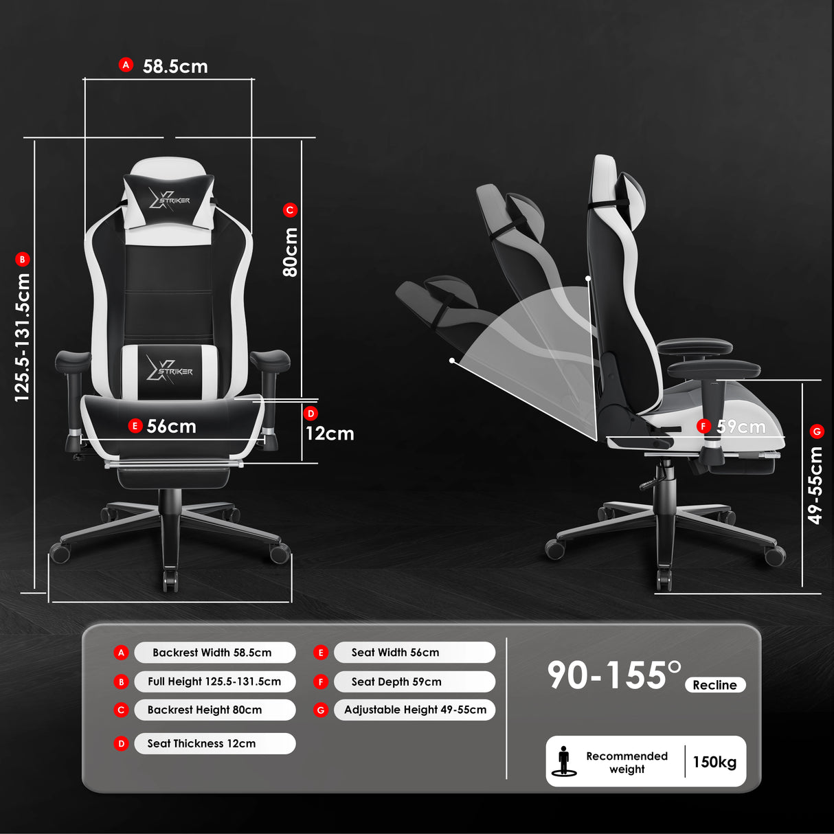 Gaming chair with dimensions and features displayed on a black background