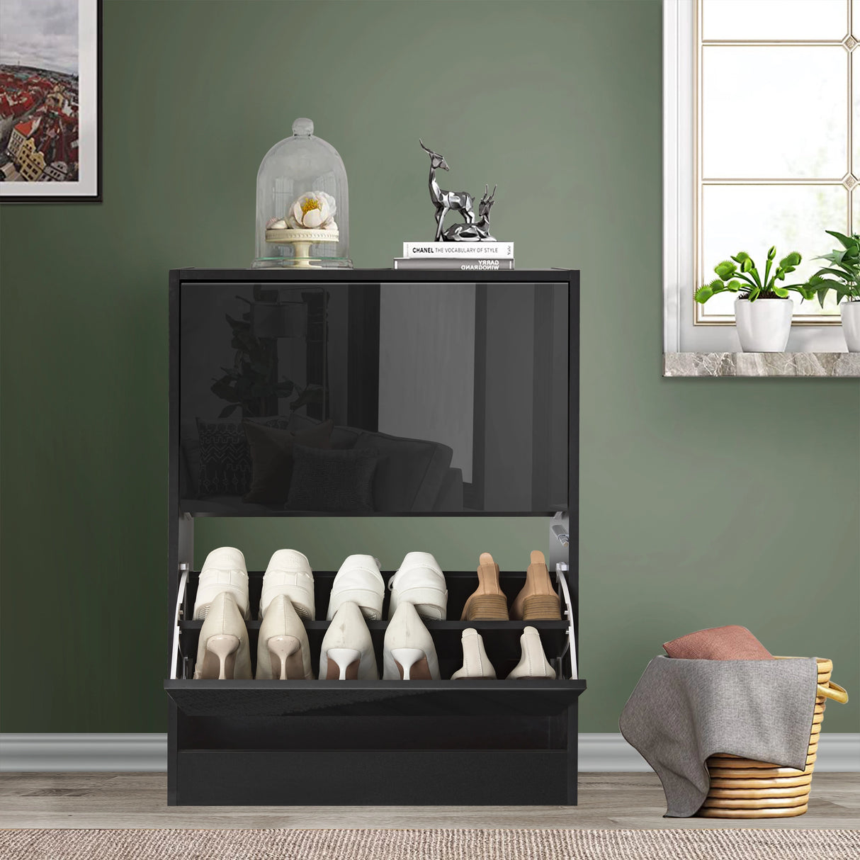 glossy black slim shoe cabinet for hallway reflecting living room furniture pieces on the front panel