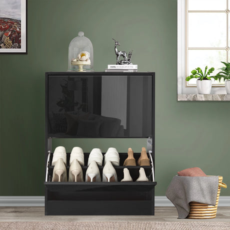 glossy black slim shoe cabinet for hallway reflecting living room furniture pieces on the front panel