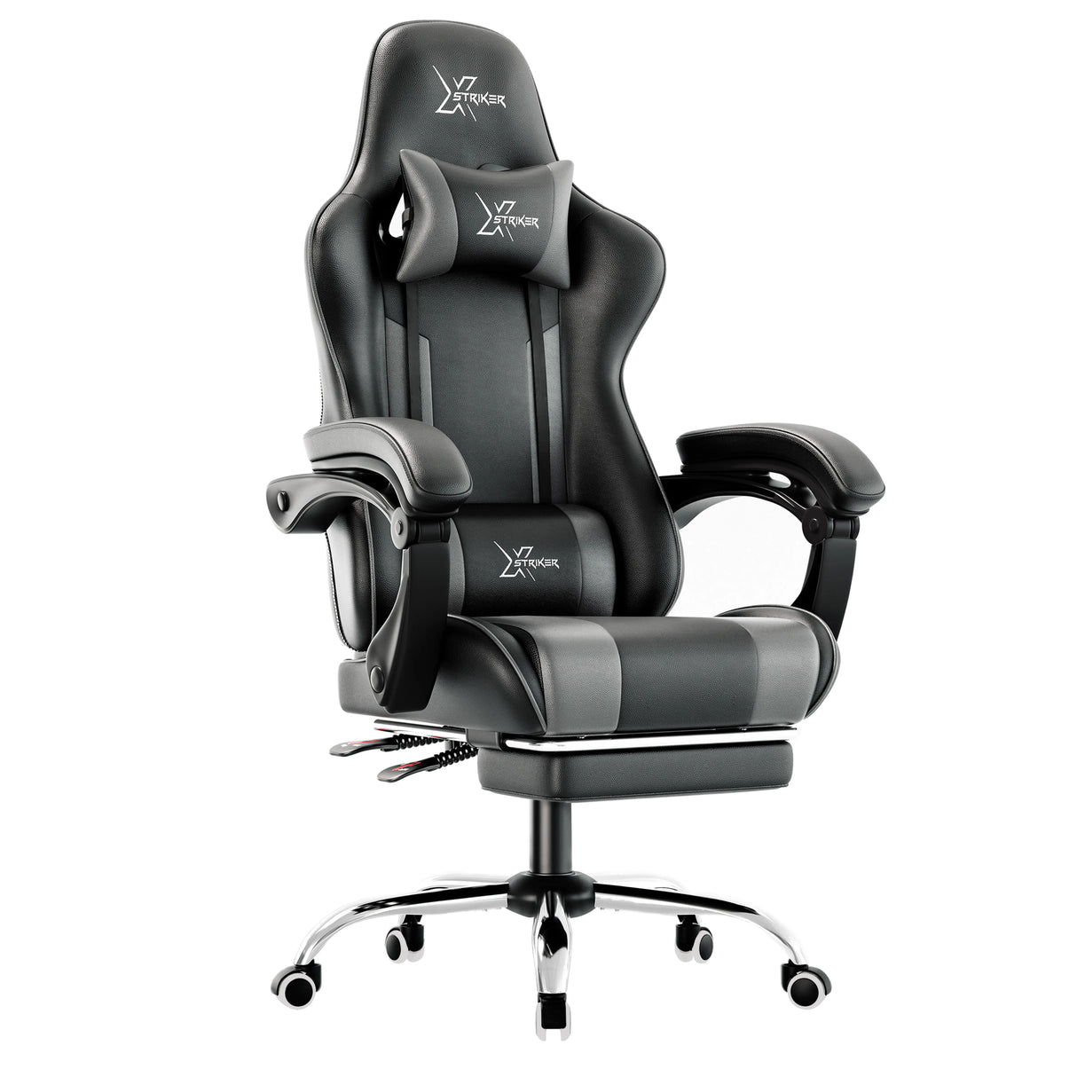 Xstriker office Chair With Footrest in black and grey, featuring ergonomic design, lumbar support, and retractable footrest for home or office use.