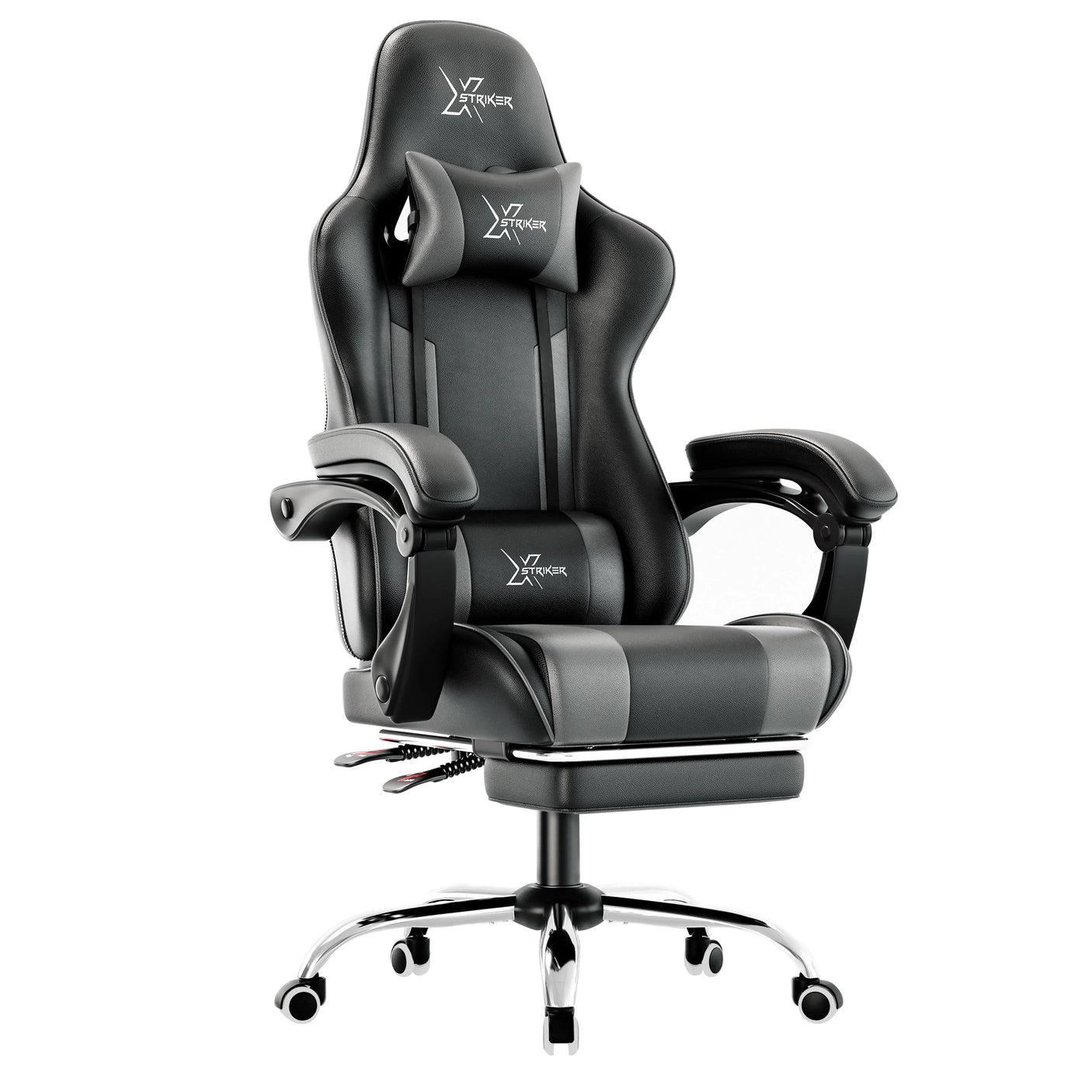 Xstriker office Chair With Footrest in black and grey, featuring ergonomic design, lumbar support, and retractable footrest for home or office use.