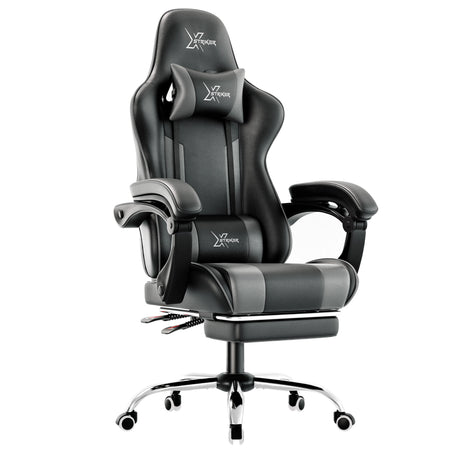 Xstriker office Chair With Footrest in black and grey, featuring ergonomic design, lumbar support, and retractable footrest for home or office use.