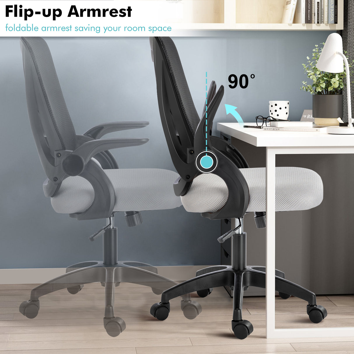 Black and grey comfy desk chair with flip-up armrests, ideal for small office spaces.