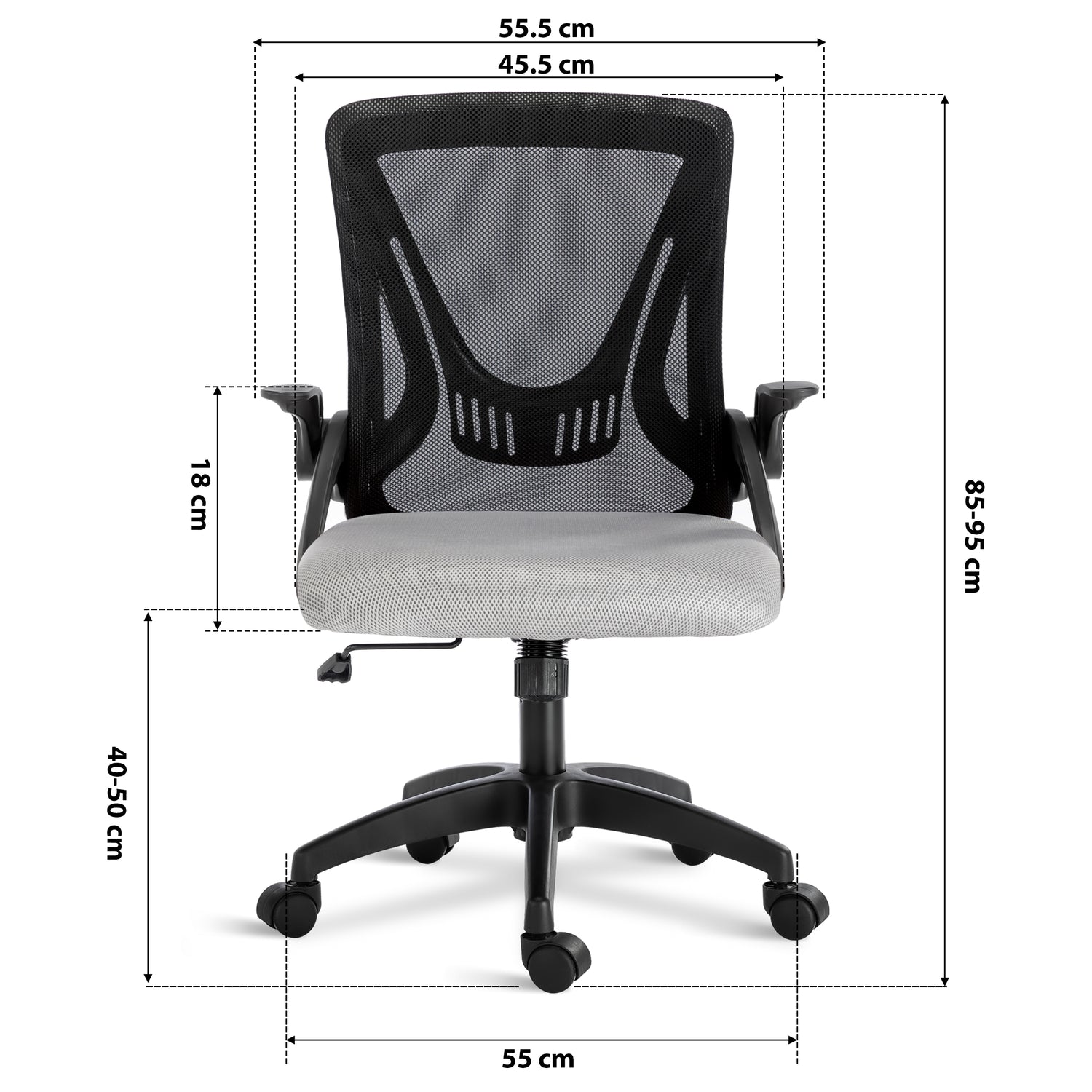 black and grey spinny chair dimension: 45.5cm seat width, 55cm wheelbase, adjustable 85–95cm height & mesh backrest.