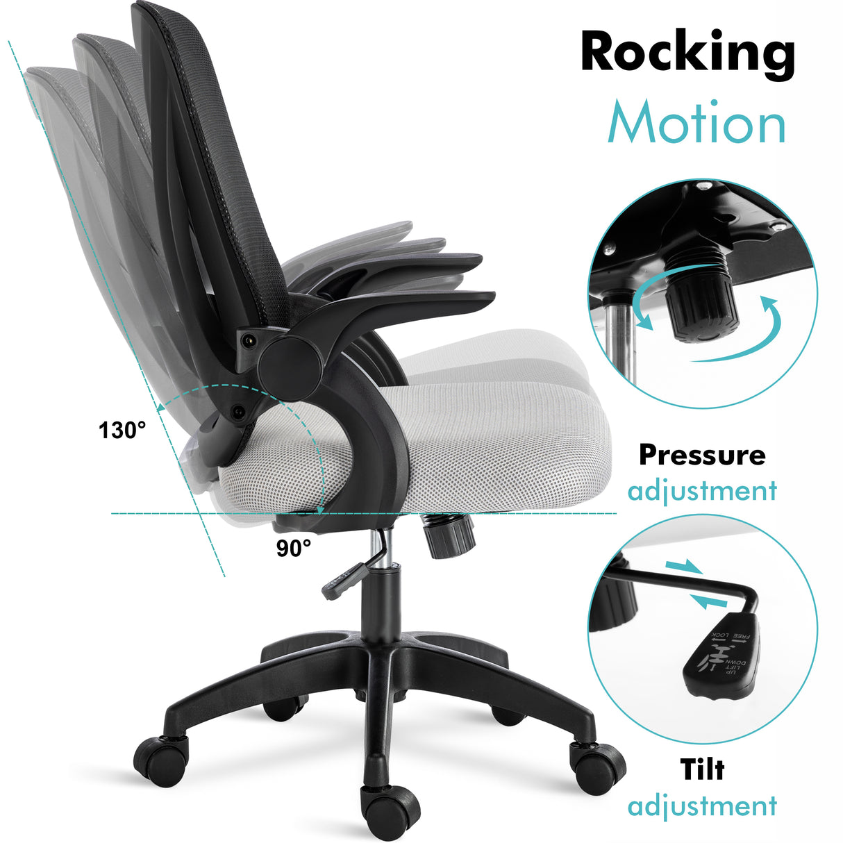 Black and grey desk chair with adjustable height, tilt lock, and mesh backrest for ergonomic seating.