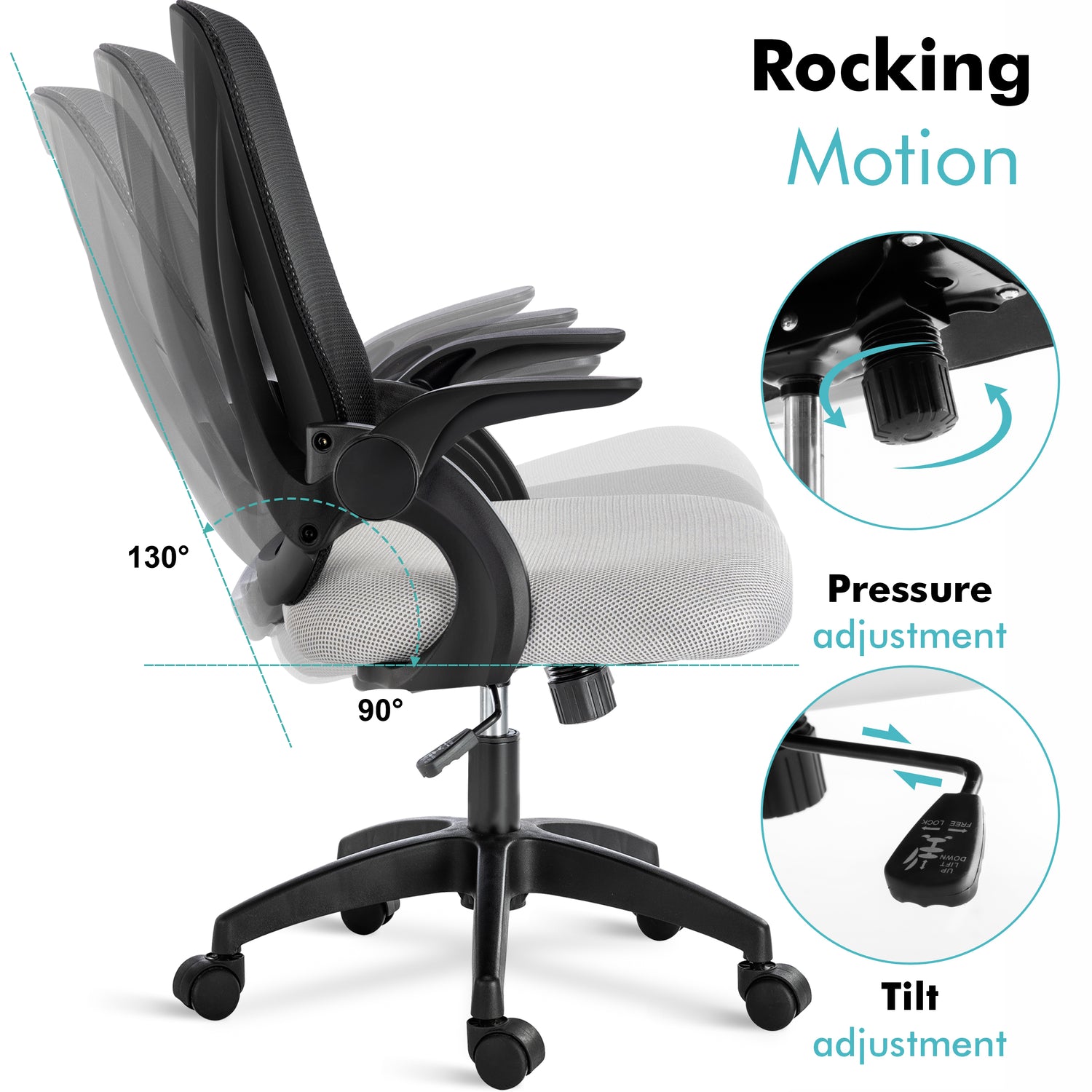 Black and grey desk chair with adjustable height, tilt lock, and mesh backrest for ergonomic seating.