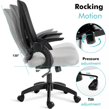 Black and grey desk chair with adjustable height, tilt lock, and mesh backrest for ergonomic seating.
