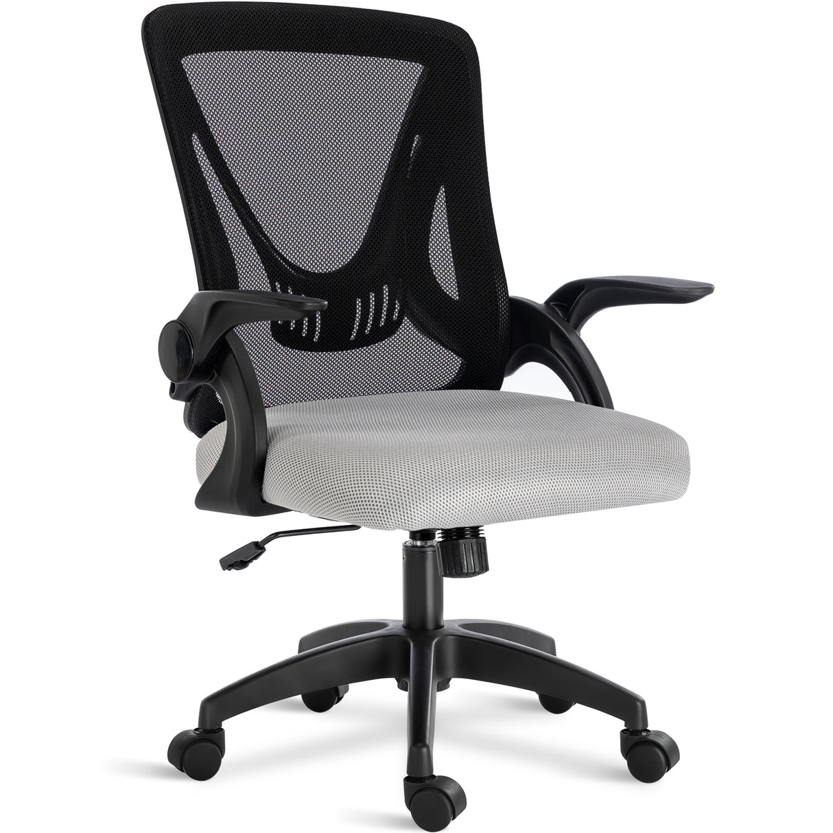 Black and grey mesh chair with breathable backrest, adjustable height, and padded seat for comfort during long hours.